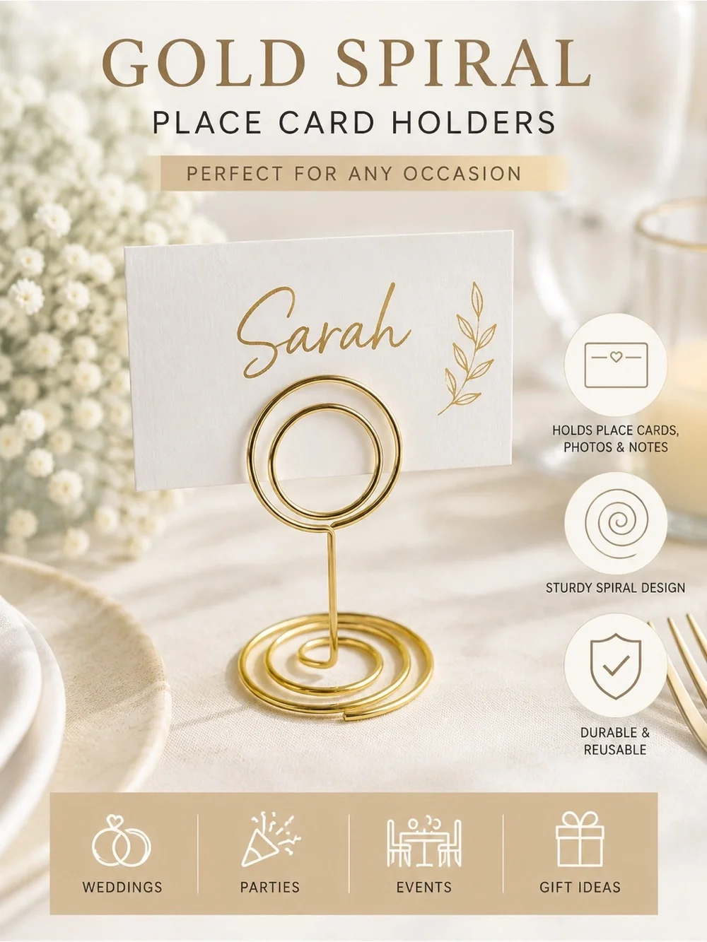 25 Gold Spiral Place Card Holders - Table Card & Photo Stands